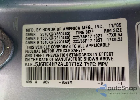 2010 Honda Cr-V Ex-L from USA, damaged, VIN 5J6RE4H72AL017152